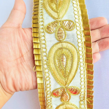 Beige Art Silk Trim With Antique Gold Embroidered Trim, Floral Embroidered Trim, Decorative Trim